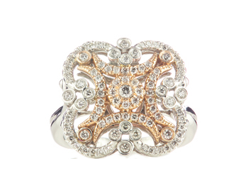 14K WHITE GOLD AND ROSE GOLD FILIGREE FLOWER DESIGN PAVE DIAMOND RING