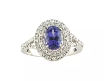 18K WHITE GOLD OVAL TANZANITE AND DOUBLE HALO DESIGN RING
