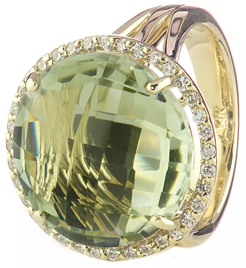 14K YELLOW GOLD ROUND LIME QUARTZ AND DIAMOND HALO RING